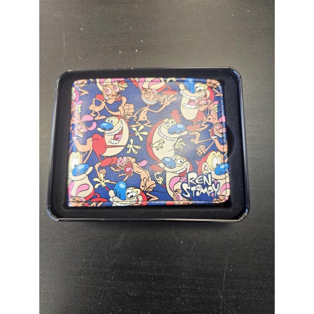 Bioworld Ren & Stimpy Wallet Mens Blue‎ Faux Leather Bifold Cartoon Nickelodeon